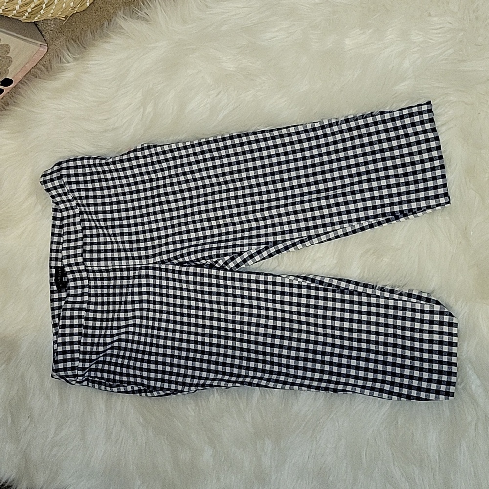 TALBOTS Chatham Crop Pant navy white check stretch 2 pocket side zip 8P EUC